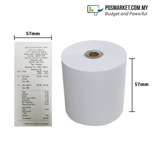 Thermal Paper Roll 57mm width x 50mm diameter 10 rolls